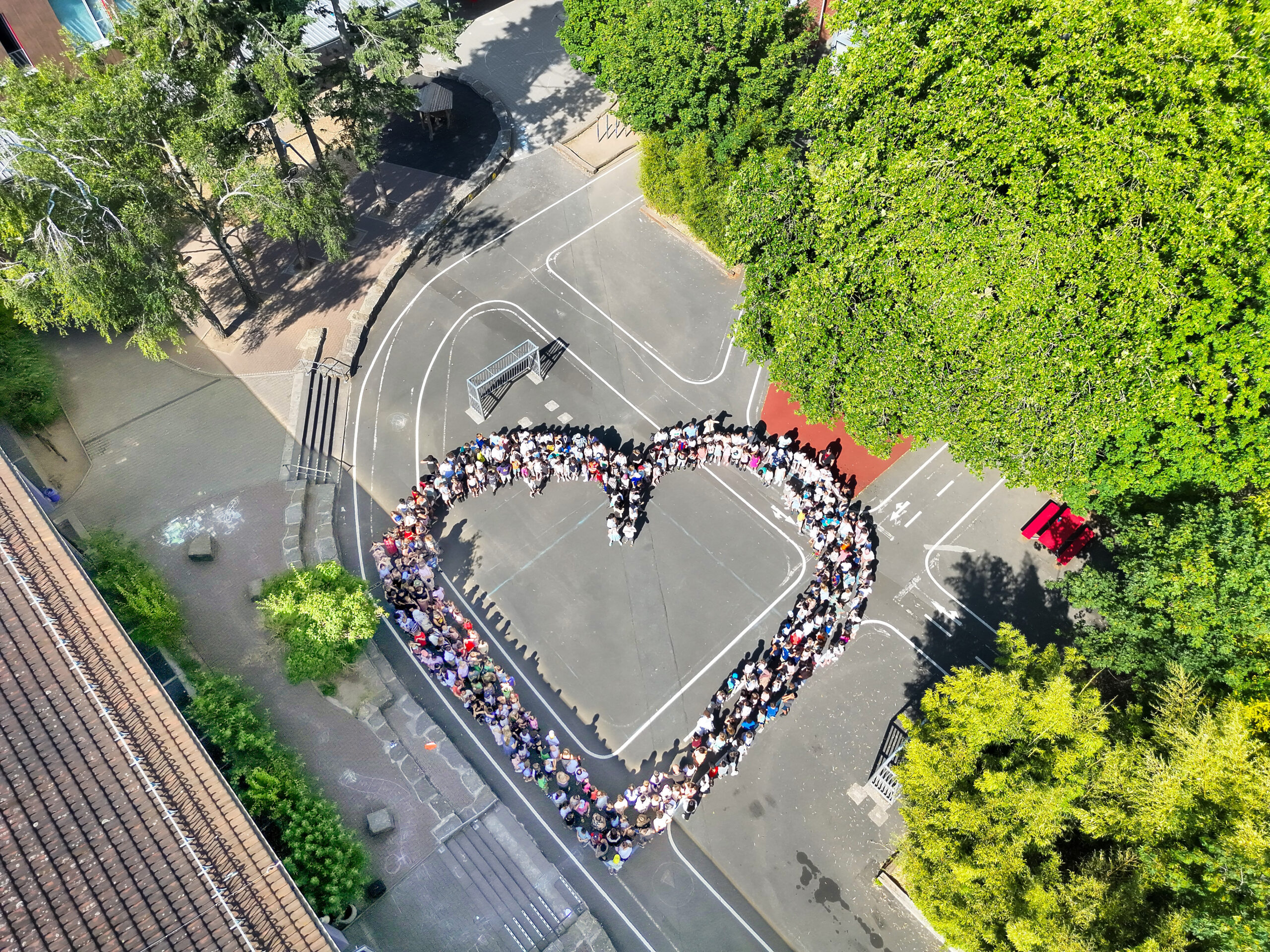 Das ist ein Foto des Schulhofs der Riedschule Flörsheim am Main. Zu sehen ist eine große Gruppe von Schülern, die zusammen ein Herz formen.